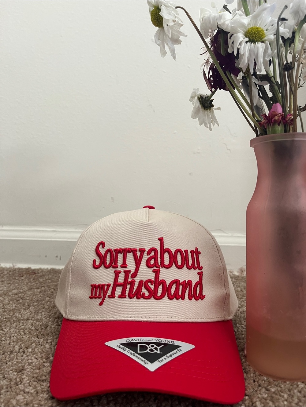 David and Young "Sorry about my Husband" Cream and Red Trucker Cap📍